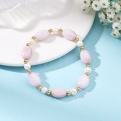 Natural Kunzite & Cultured Freshwater Pearl & Brass Beaded Strtetch Bracelets for Women BJEW-JB14124-02-1