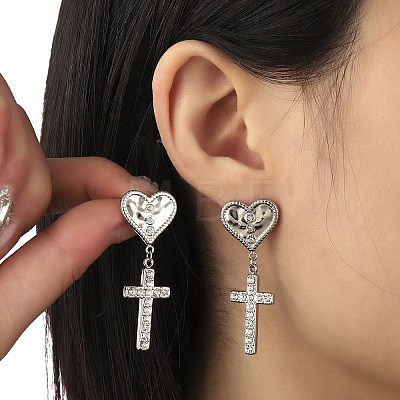 Heart with Cross 304 Stainless Steel Dangle Stud Earrings EJEW-K269-02P-1