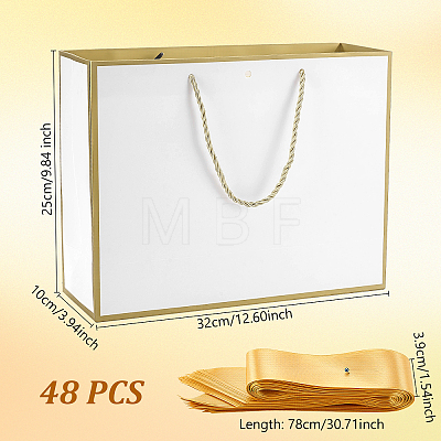 48Pcs Rectangle White Paper Gift Storage Handle Bags with Ribbons ABAG-WA0001-26A-1