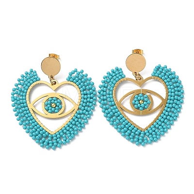 Heart with Eye Woven Glass & Brass Beaded Dangle Stud Earrings EJEW-A105-04G-02-1