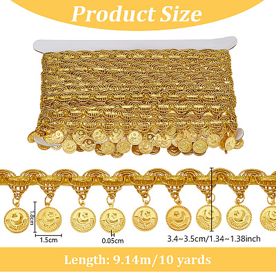Polyester Braided Metallic Lace Trim with Metal Flat Round Tassel OCOR-WH0082-538-1