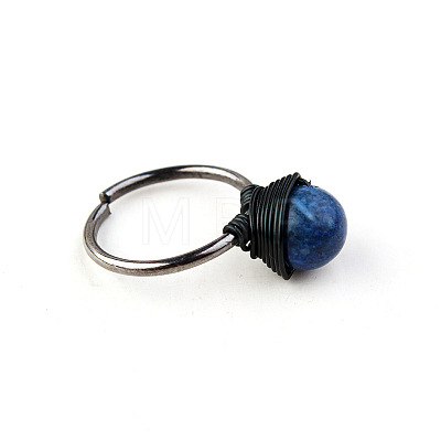 Iron Wire Wrapped Natural Lapis Lazuli Round Beaded Cuff Rings WGDBE9A-06-1