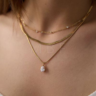 304 Stainless Steel Pave Clear Cubic Zirconia Teardrop Pendant 3 Layer Necklaces for Women WGFD083-01-1