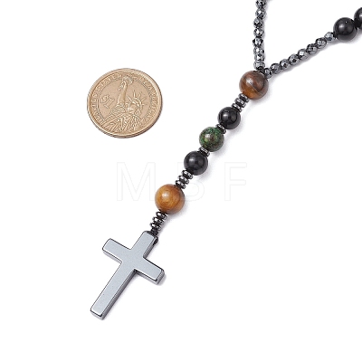 Natural Tiger Eye & Obsidian & Bloodstone Rosary Bead Necklaces NJEW-JN05114-01-1