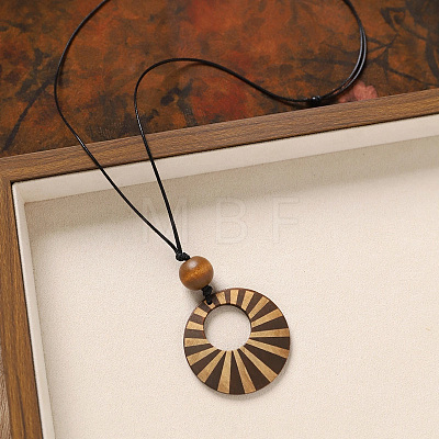 Wood Pendant Black Wax Cord Long Necklaces for Women FS-WG36920-19-1