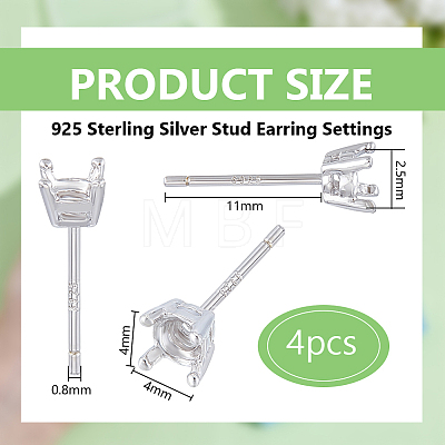 2 Pairs 925 Sterling Silver Stud Earring Settings STER-BC0002-89A-1