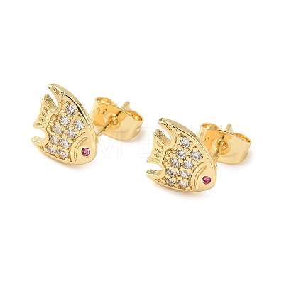 Fish Brass Micro Pave Clear Cubic Zirconia Stud Earrings EJEW-Z144-23G-1