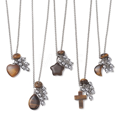 Natural Tiger Eye with Synthetic Non-magnetic Hematite Beads Cluster Pendant 304 Stainless Steel Rolo Chain Necklaces NJEW-JN05896-1