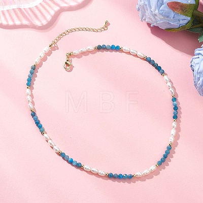 Faceted Round Natural Apatite and Rice Natural Pearl Beaded Necklaces for Women NJEW-JN05816-02-1