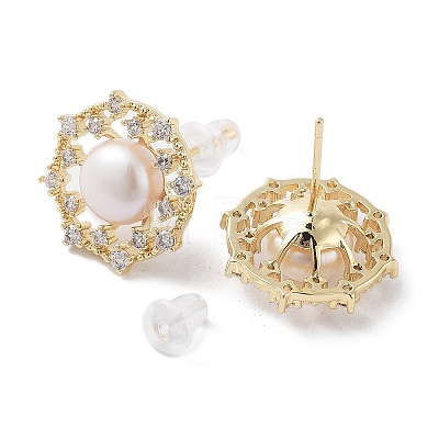 Flat Round Natural Pearl Stud Earrings with Brass Micro Pave Cubic Zirconia and 925 Sterling Silver Pins EJEW-P256-91G-1