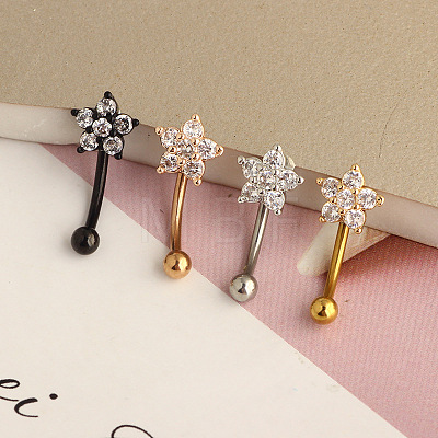 304 Stainless Steel Micro Pave Clear Cubic Zirconia Flower Curved Barbell Cartilage Earrings WG168AC-03-1