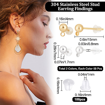 100Pcs 2 Colors 304 Stainless Steel Ball Stud Earring Post STAS-BBC0001-78-1