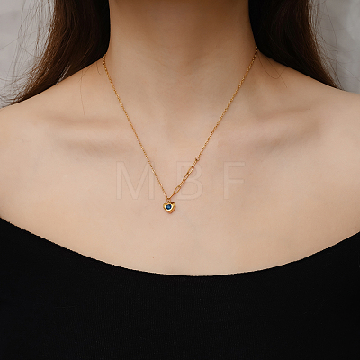 304 Stainless Steel Pave Blue Cubic Zirconia Heart Pendant Cable Chain Necklaces for Women OU4344-1-1