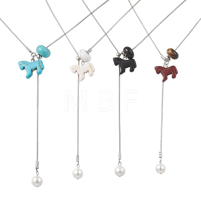 4Pcs 4 Color Dyed Synthetic Turquoise Horse with Shell Pearl Beads Pendant Necklaces NJEW-JN05895-1
