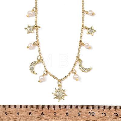 Brass Micro Pave Clear Cubic Zirconia Moon Star Sun Pendant Cable Chain Necklaces with Natural Pearl Beads for Women NJEW-JN06233-1