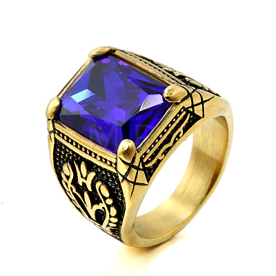 316L Stainless Steel & Cubic Zirconia Men's Vintage Carved Finger Rings FS-WG82D33-43-1