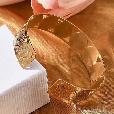 Religion Theme 304 Stainless Steel Cuff Bnagles for Women BJEW-Q011-01G-1