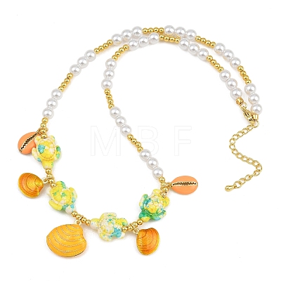 Ocean Brass Enamel Starfish Shell Shape Pendant Round ABS Imitation Pearl Beaded Necklaces KK-CBA4547-04A-G-1