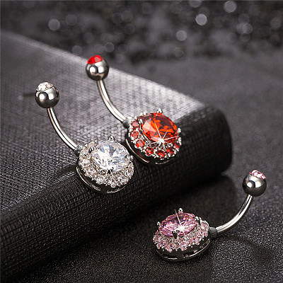 316L Surgical Stainless Steel Cubic Zirconia Flat Round Curved Barbell Belly Rings WGB2BE5-04-1