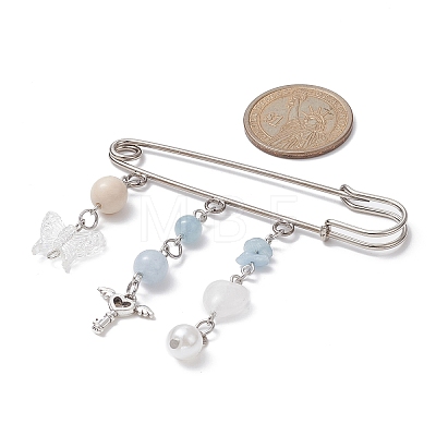 Natural Mixed Gemstone & Butterfly Charms Safety Pin Brooch JEWB-BR00101-1