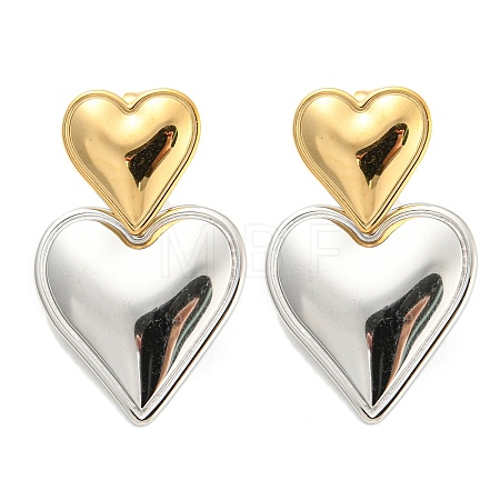 304 Stainless Steel Double Heart Dangle Stud Earrings for Women LS-EJEW-D076-01D-GP-1