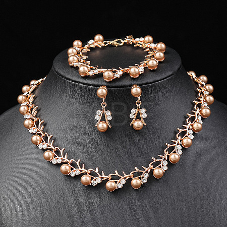 Alloy Rhinestone & Plastic Imitation Pearl Leaf Link Chain Necklaces & Stud Dangle Earrings & Link Bracelets Sets WG65A67-01-1