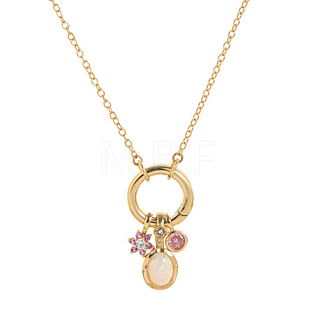 Brass Pave Cubic Zirconia Oval Flower Birth Stone Penant Necklaces with Synthetic Opal for Women WG88A4B-02-1