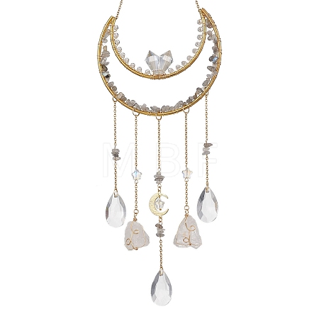 Nuggets Natural Quartz Crystal & Labradorite Chip & Brass Moon Hanging Ornaments HJEW-JM02566-1