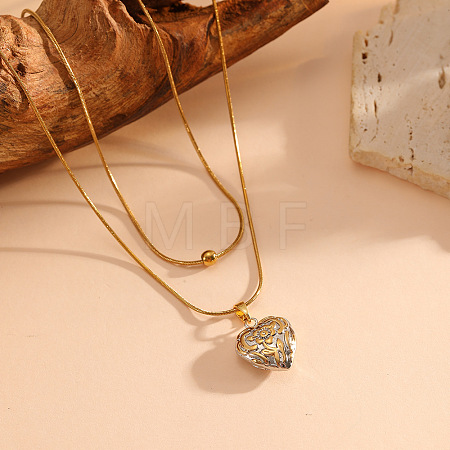 Duo Tone 304 Stainless Steel Heart Pendant Double Layer Necklaces for Women WG85E59-01-1