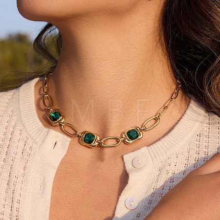 304 Stainless Steel Glass Green Rectangle Link Chain Necklaces for Women SA-CBA8C9C-10G-1