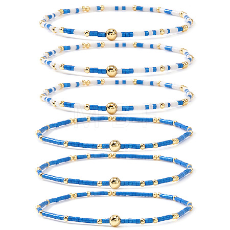 6Pcs Handmade Glass Seed Bead & Brass Beads Stretch Bracelets XZ6120-4-1