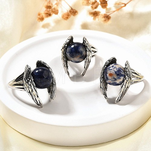 Natural Sodalite Wings Adjustable Rings RJEW-K241-04AS-06-1