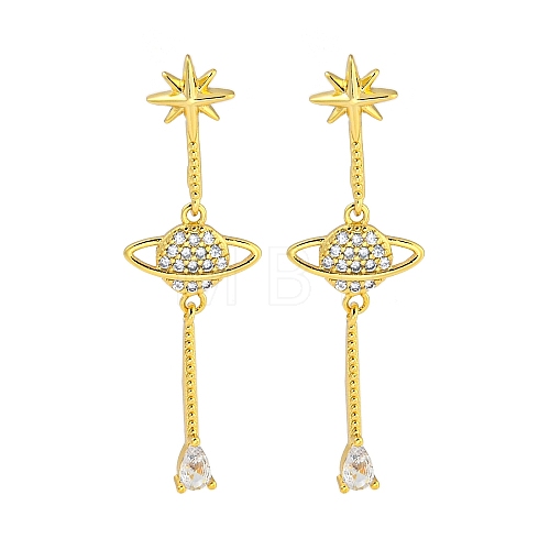 Rack Plating Planet Brass Micro Pave Clear Cubic Zirconia Stud Earrings EJEW-B061-07G-1