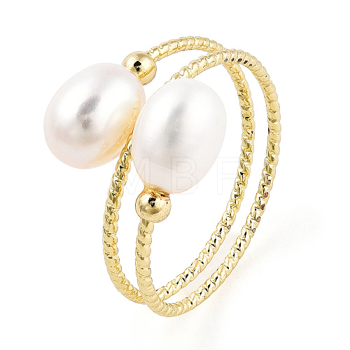 Natural Pearl Beaded Wrapped Cuff Ring RJEW-T026-04G-1