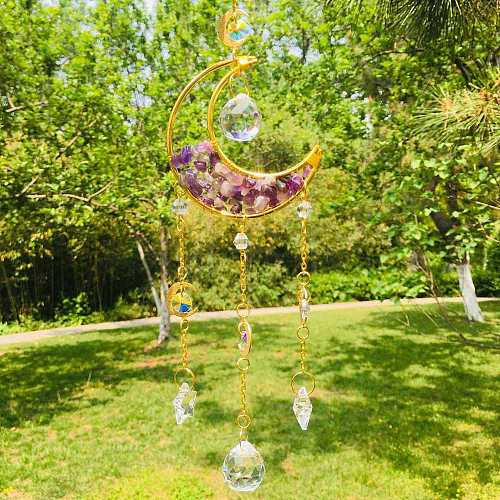 Wire Wrapped Natural Amethyst Chips & Moon Hanging Ornaments PW-WG515F2-02-1