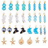 30Pcs 15 Styles Glass & Natural Snowflake Obsidian & Natural Magnesite & Synthetical Howlite & Natural White Jade & Alloy Pendants PALLOY-FH00198-1