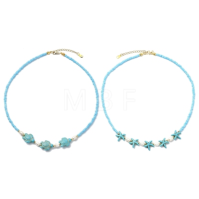 2Pcs 2 Styles Ocean Turtle Starfish Synthetic Turquoise & Natural Pearl & Glass Seed Beaded Necklaces NJEW-JN06130-04-1