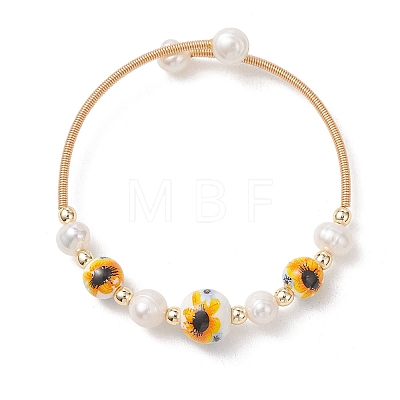 Handmade Porcelain & Natural Cultured Freshwater Pearl & Non-magnetic Synthetic Hematite Beaded Cuff Bangles for Women BJEW-JB14022-02-1