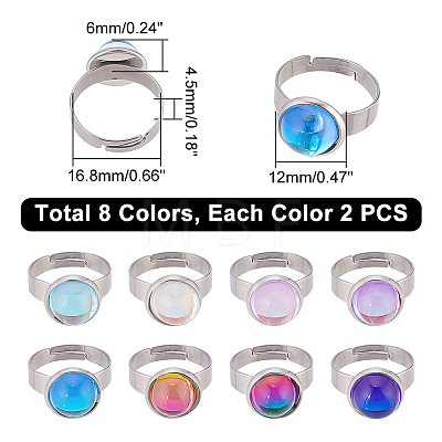 16Pcs 8 Colors Half Round K9 Glass Adjustable Ring RJEW-DC0001-13-1