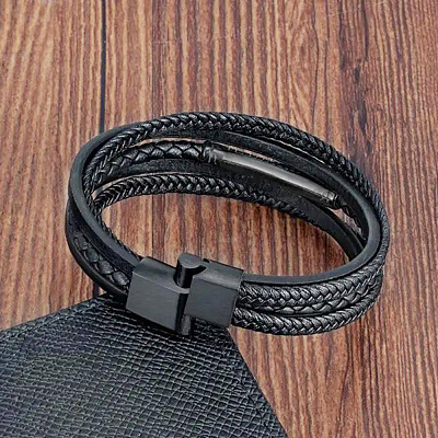Braided Black Imitation Leather Multi-Strand Bracelets with 316L Stainless Steel Magnetic Clasps for Men WGFAA79-02-1