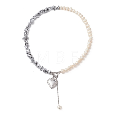Synthetic Non-magnetic Hematite Chip with Potato Natural Pearl Beaded Necklaces NJEW-JN05894-01-1