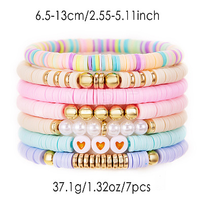 7Pcs Heart Pattern Polymer Clay & Plastic Pearl & CCB Plastic Beaded Stretch Bracelet Set for Women FS-WG634BB-06-1