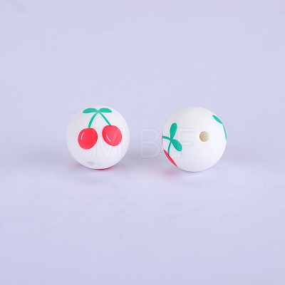 Printed Round with Cherry Pattern Silicone Focal Beads SI-JX0056A-153-1