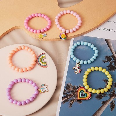 Candy Color Acrylic Round Beads Stretch Bracelets Set with Rainbow Color Enamel Charms for Kids BJEW-PH01488-1