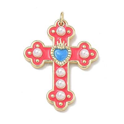 Brass Enamel with ABS Plastic Imitation Pearl Pendants KK-Z153-16G-05-1