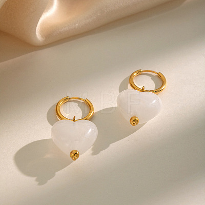 Summer White Resin Love Heart Dangle Hoop Earrings with 304 Stainless Steel Earring Hoops for Women PD0685-1-1