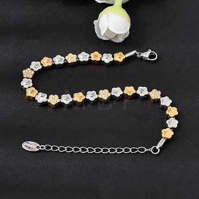Duo Tone 304 Stainless Steel Micro Pave Clear Cubic Zirconia Beaded Bracelets SA-CBAB122-02B-1