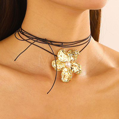 Alloy & Imitation White Round Pearl Pendant Waxed Cord Adjustable Tie Choker Necklaces for Women FS-WGE1A46-02-1
