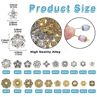 100Pcs 20 Styles Tibetan Style Alloy Bead Caps TIBE-YW0001-85-1