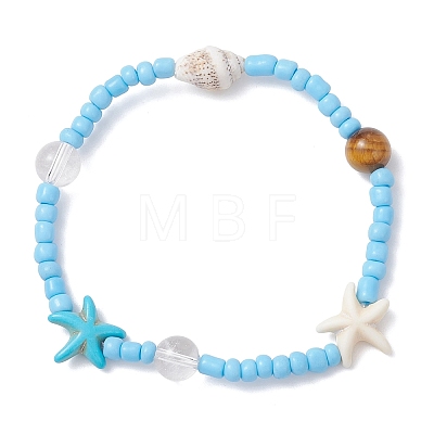 2Pcs Glass Seed and Natural Sea Shell & Aquamarine Stretch & Synthetical Turquoise Beads Bracelets for Women BJEW-TA00708-1